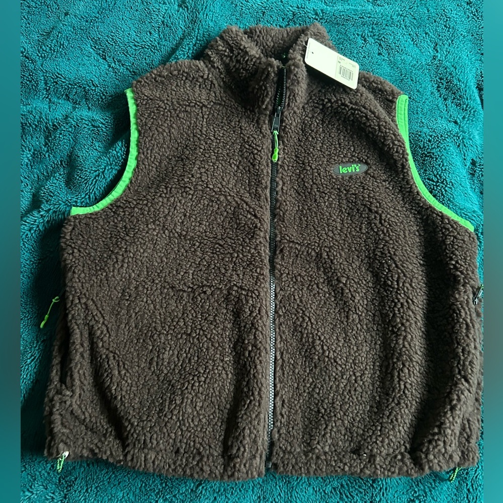 Levi's Brown Fleece Vest with Bright Green Trim - Large